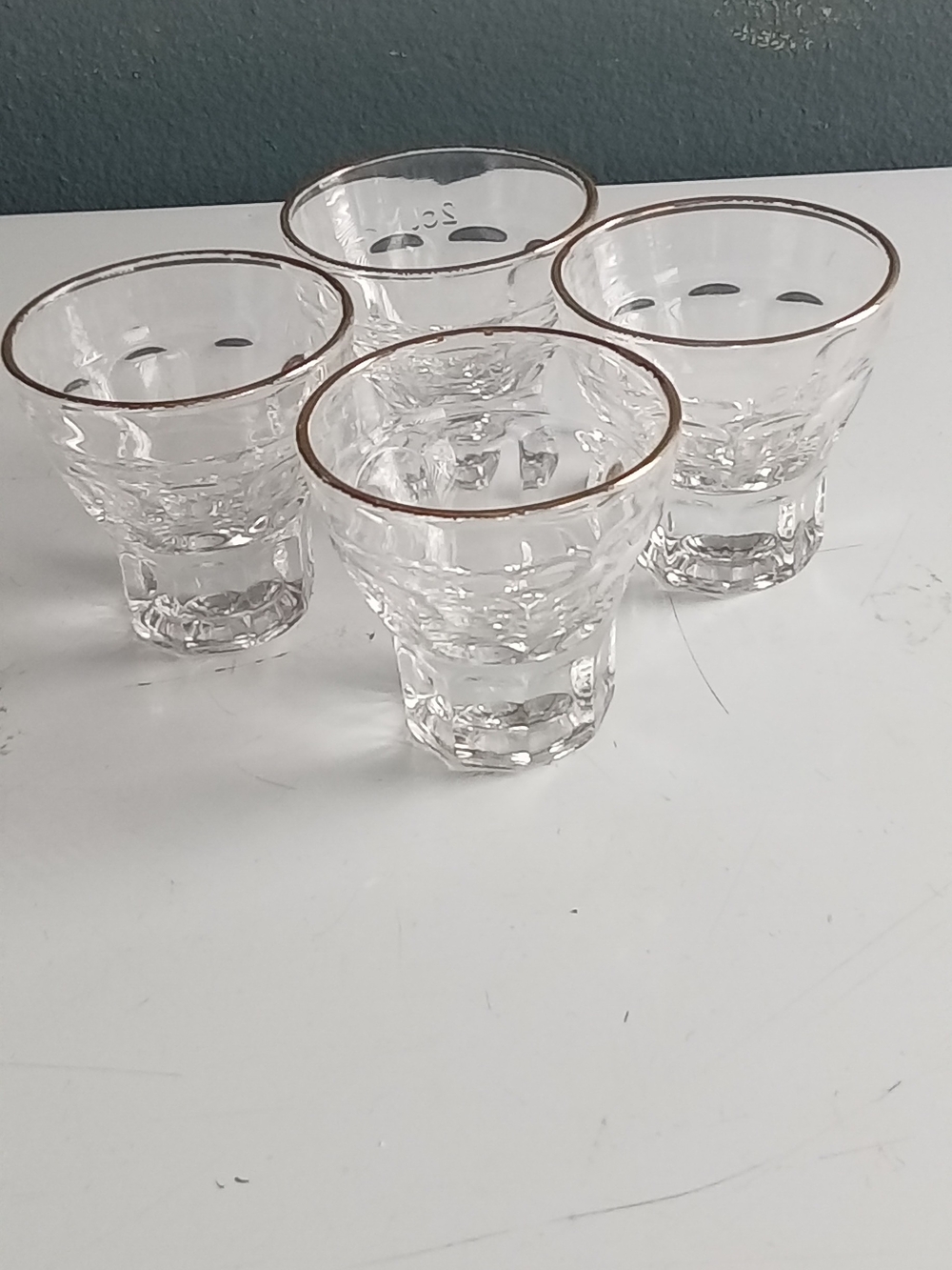 Vintage Gold Rim Thumbprint Clear Glass Juice Cordial Set of 4